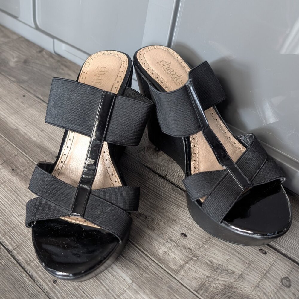 CHARLES By Charles David, Platform Sandal Slip-On Wedge Black Patent, Sz 6.5